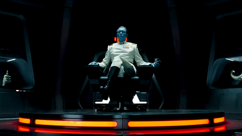 Grand Admiral Thrawn sitting on a chair in Ahsoka Season 2.