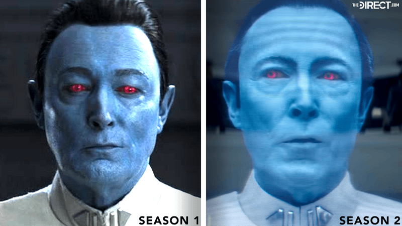 Lars Mikkelsen as Thrawn in Ahsoka Season 1 on the left and in Season 2 on the right.