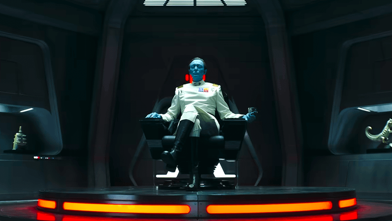 Grand Admiral Thrawn sitting in a chair in Ahsoka Season 2.