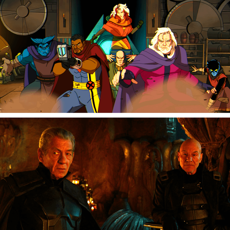 X-Men members Magneto, Beast, Rogue and other mutants alongside live action counterparts.