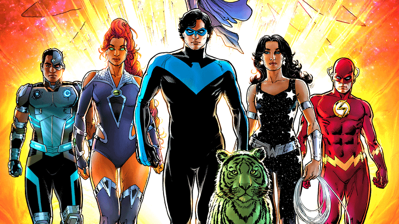 Teen Titans, Cyborg, Starfire, Nightwing, Wonder Girl, Kid Flash, Beast Boy as a tiger
