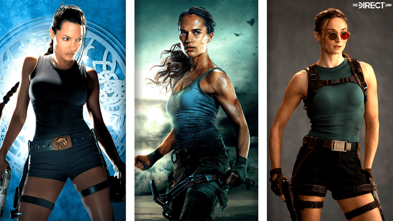 Angelina Jolie, Alicia Vikander, and Sophie Turner pose as their unique versions of Lara Croft in their respective Tomb Raider projects.