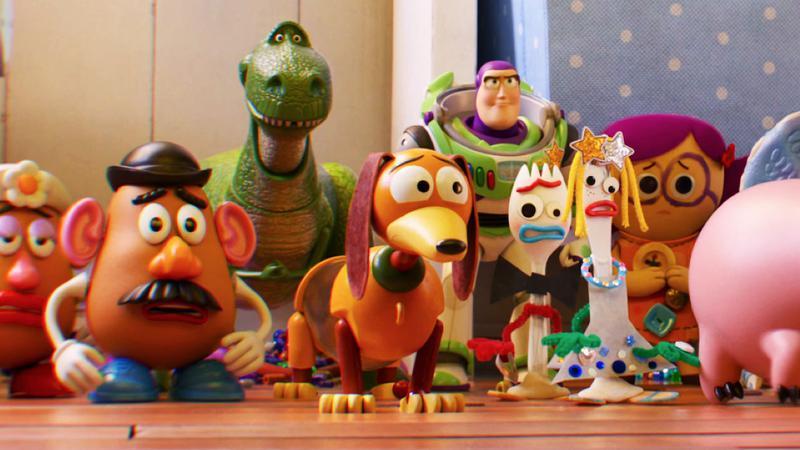 Potato Heads, Rex, Slinky, Forky, Buzz and other toys in Toy Story 5.