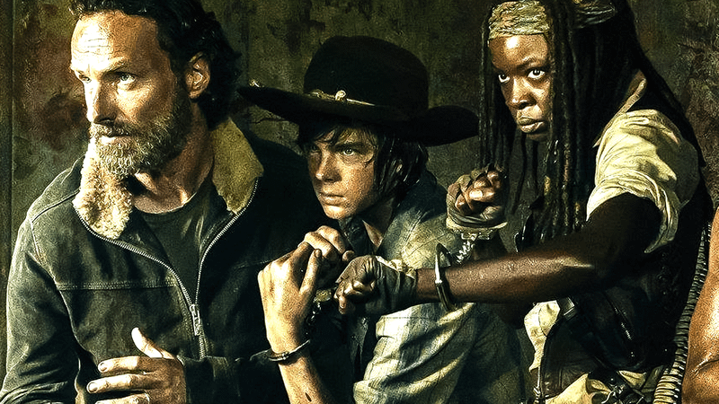 Rick, Carl, and Michonne in The Walking Dead.