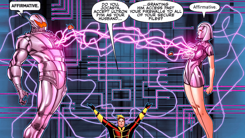 Ultron and Jacosta getting married with energy being transferred from one of them to another in Marvel Comics.
