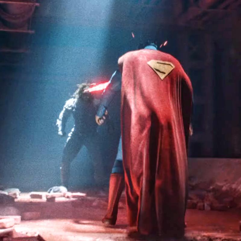 A close-up of Ultraman fighting Superman in Superman