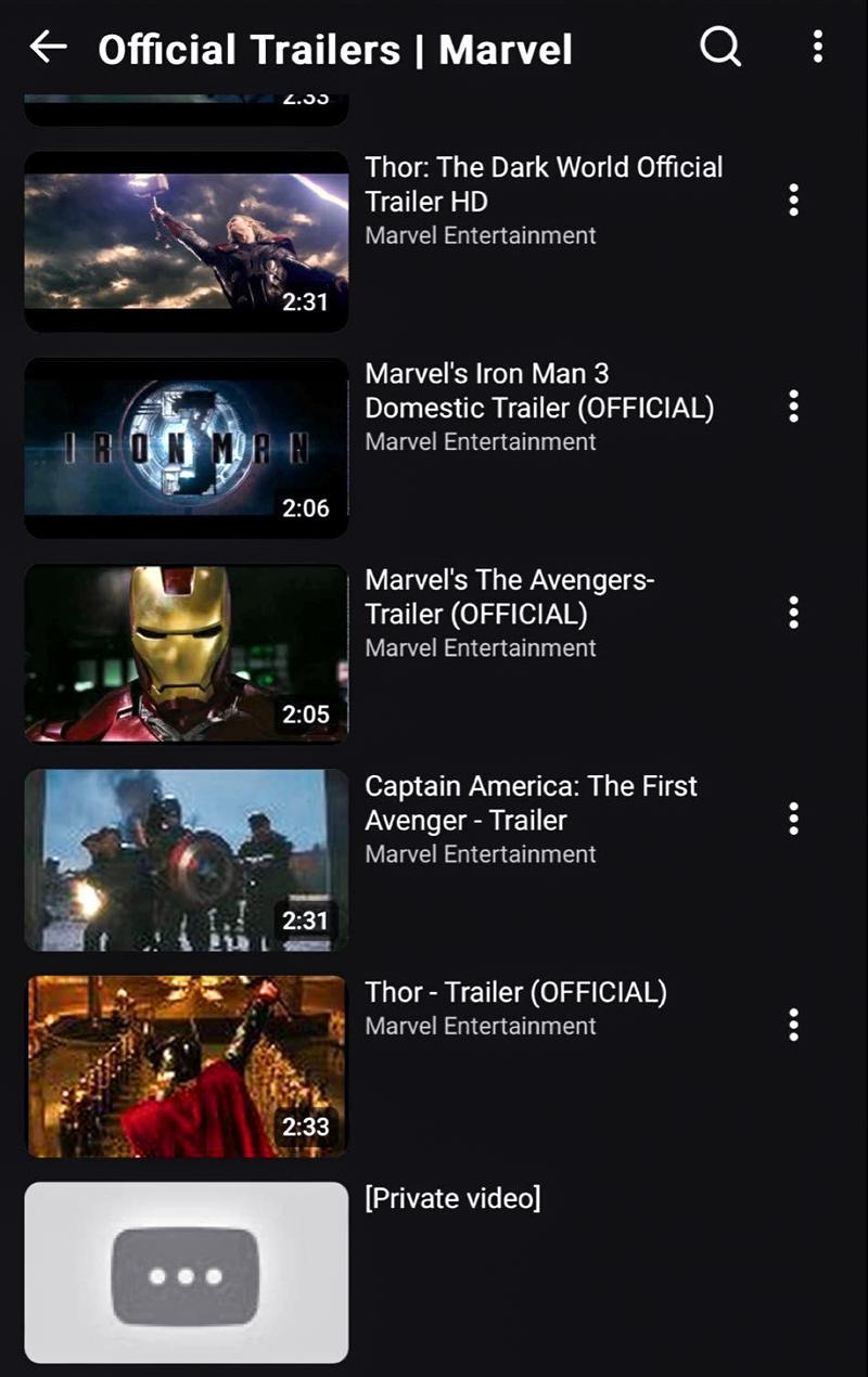 YouTube. Marvel Official Trailers playlist with unlisted private video