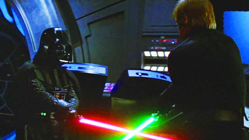 Darth Vader in a lightsaber duel with Luke Skywalker on the second Death Star.