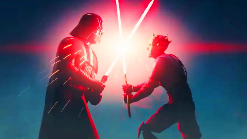 Darth Vader in a lightsaber duel with Maul.