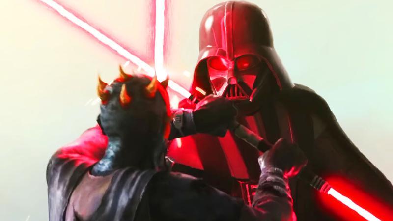 Darth Vader and Maul lightsaber dueling.