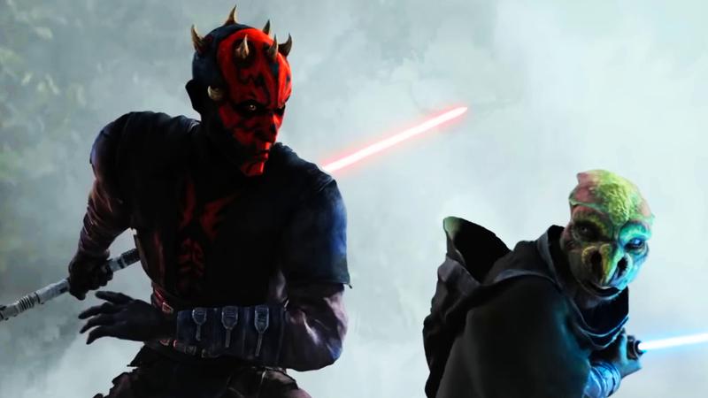Maul and Master Daki with their lightsabers drawn.