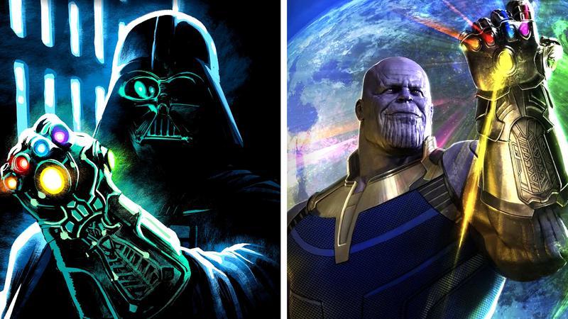 Darth Vader and Thanos wielding the Infinity Stones.