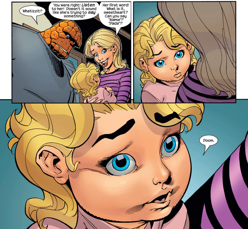 Panels from Fantastic Four showing Valeria saying her first word.