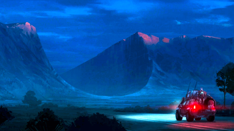 A tank rolling up to a crater in Marvel Zombies