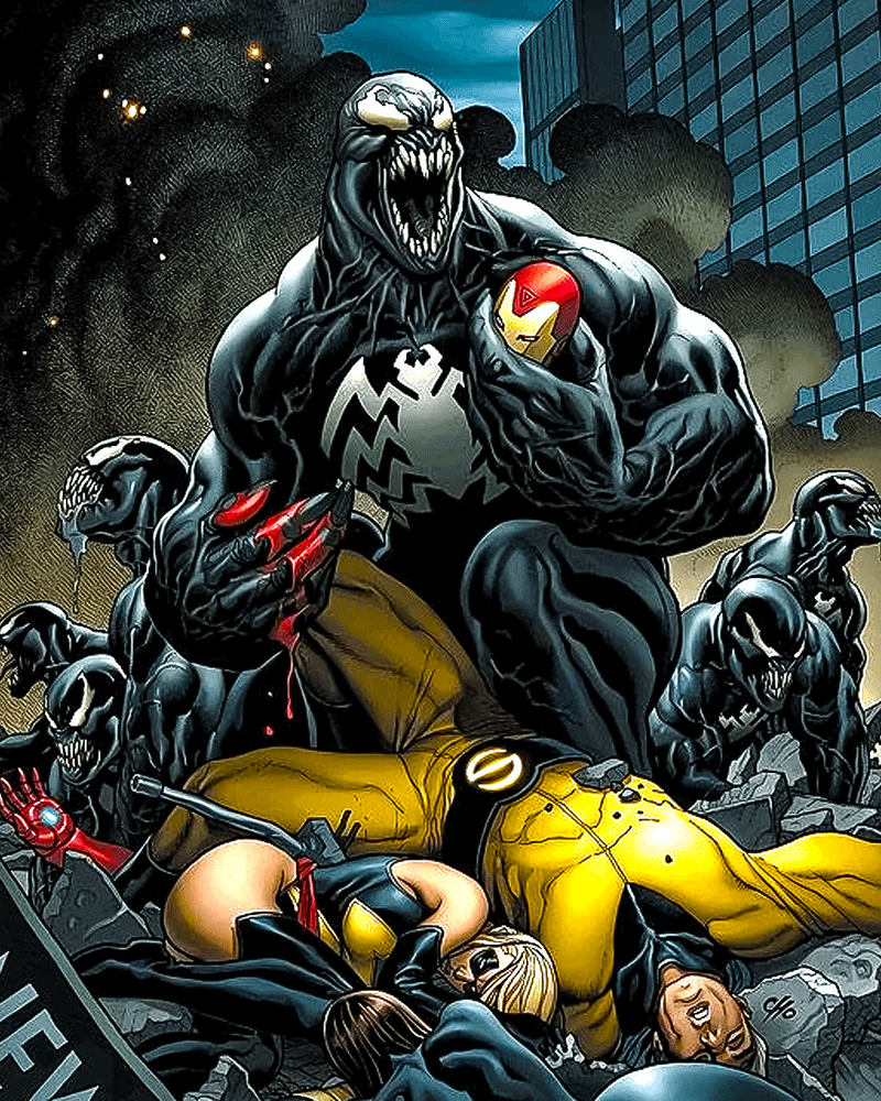 Venom Bomb symbiotes in Manhattan, Sentry and Ms Marvel knocked down.