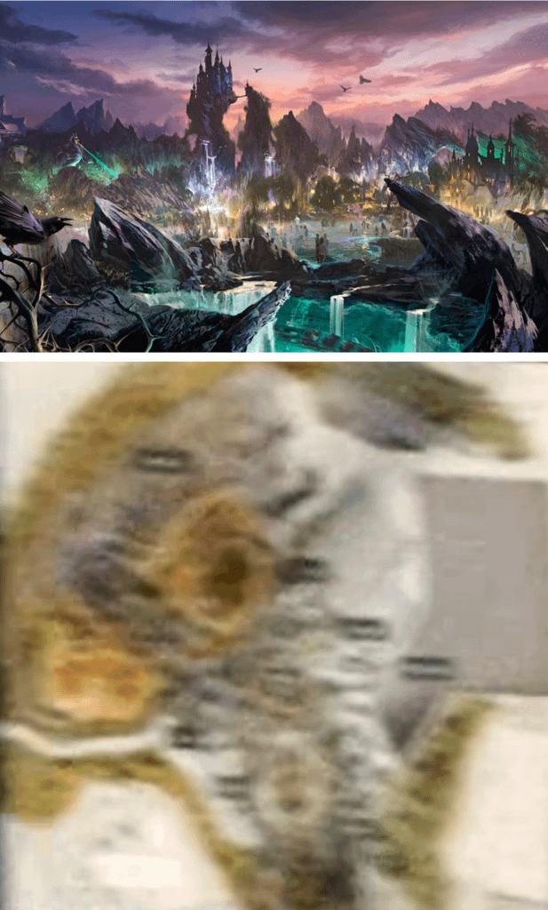 Concept art for Villains Land and a map view of Villains Land.