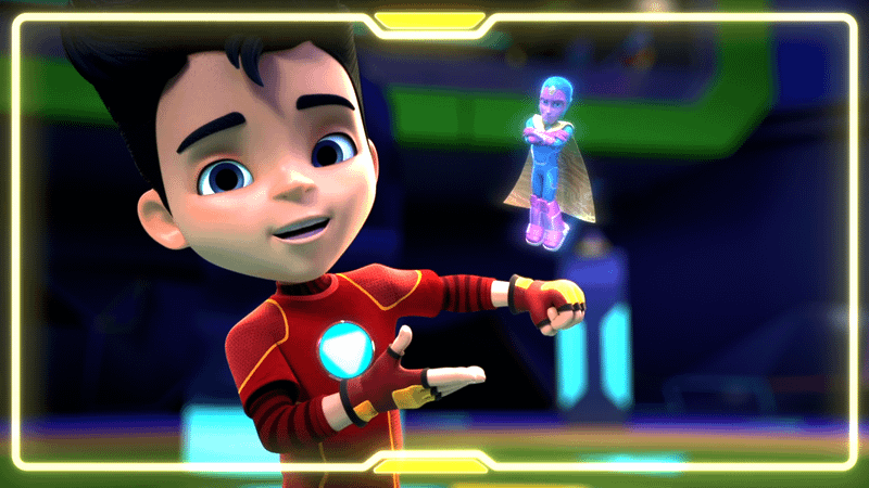 Tony Stark showing Vision on his hologram watch in Iron Man and His Awesome Friends