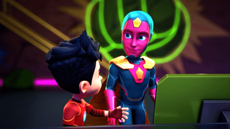 Tony Stark talking to Vision in Iron Man and His Awesome Friends