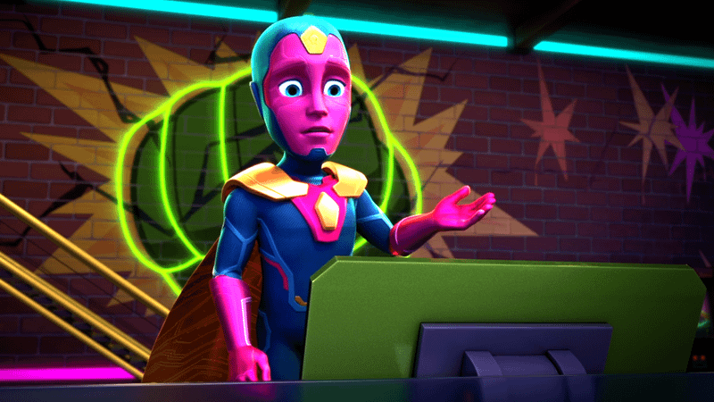 Vision standing behind a computer monitor in Iron Man and His Awesome Friends