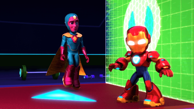 Vision looking at Tony Stark in his Iron Man suit in Iron Man and His Awesome Friends