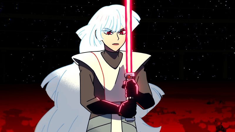 A sith with white hair and a red lightsaber in Star Wars Visions