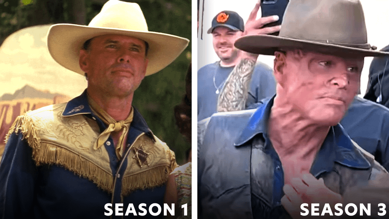 Walton Goggins as Cooper Howard in Fallout and as Ghoul on Fallout Season 3 set.
