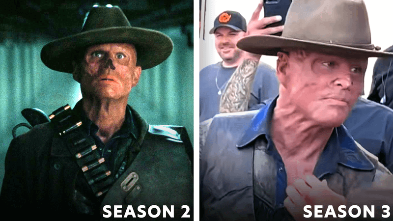 Walton Goggins as the GHoul in Fallout Season 2 and on Fallout Season 3 set.