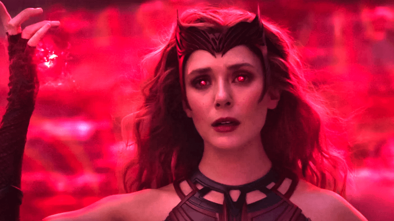 Wanda Maximoff with red eyes as the Scarlet Witch.