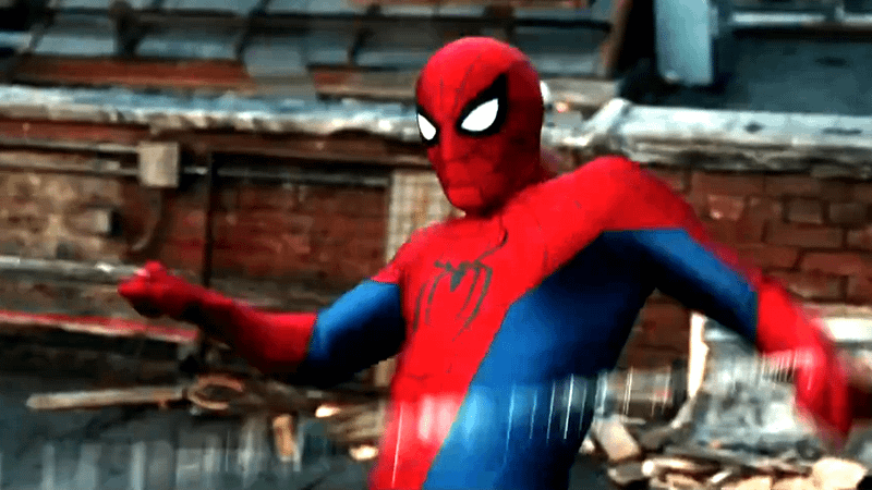 Spider-Man using his organic webbing to launch off a roof.