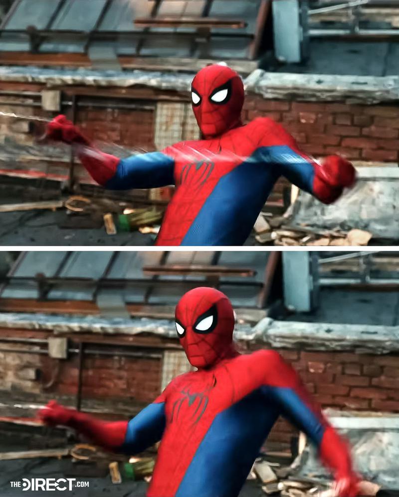 Two images showing Spider-Man using his webbing to launch of a roof.