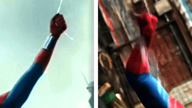 Side by side of Spider-Man's wrists with and without web shooters.