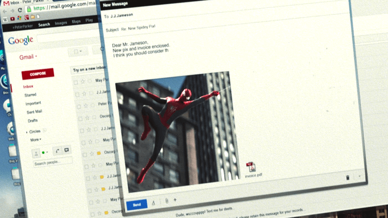 An email of a photo of Spider-Man from The Amazing Spider-Man 2.