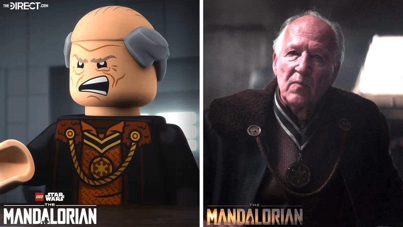 The Client in LEGO Star Wars: The Mandalorian on the left and Werner Herzog in The Mandalorian on the right.