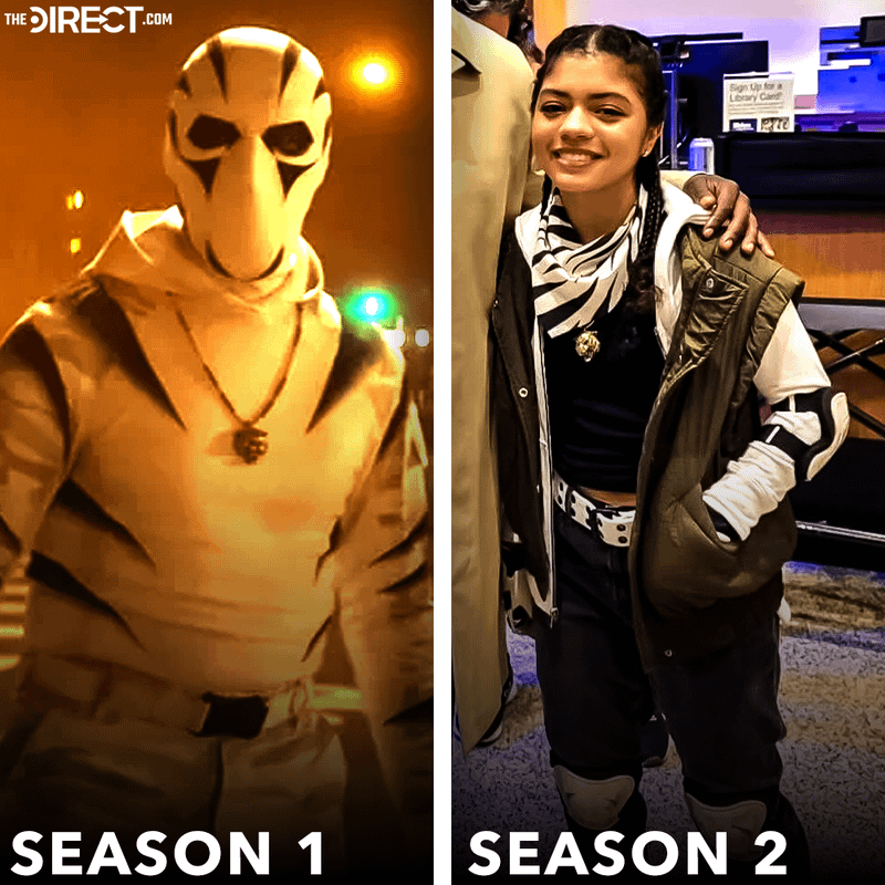 Hector Ayalo's White Tiger suit compared with Camila Rodriguez on set of Daredevil: Born Again Season 2.