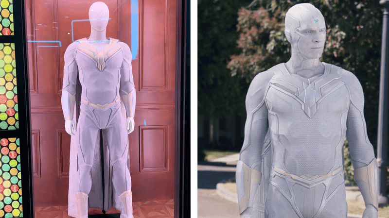 White Vision suit display D23 compared with White Vision in WandaVision.