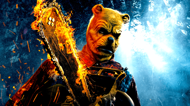 Winnie the Pook with a flaming chainsaw from Winnie the Pooh: Blood and Honey