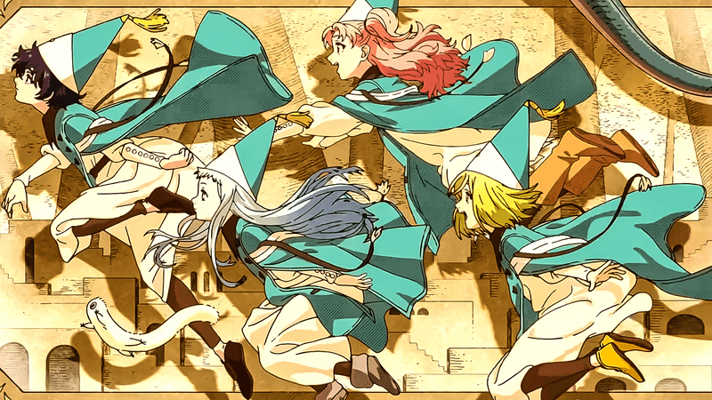 Image of Witch Hat Atelier characters from left to right: Agott, Richeh, Tetia, and Coco.