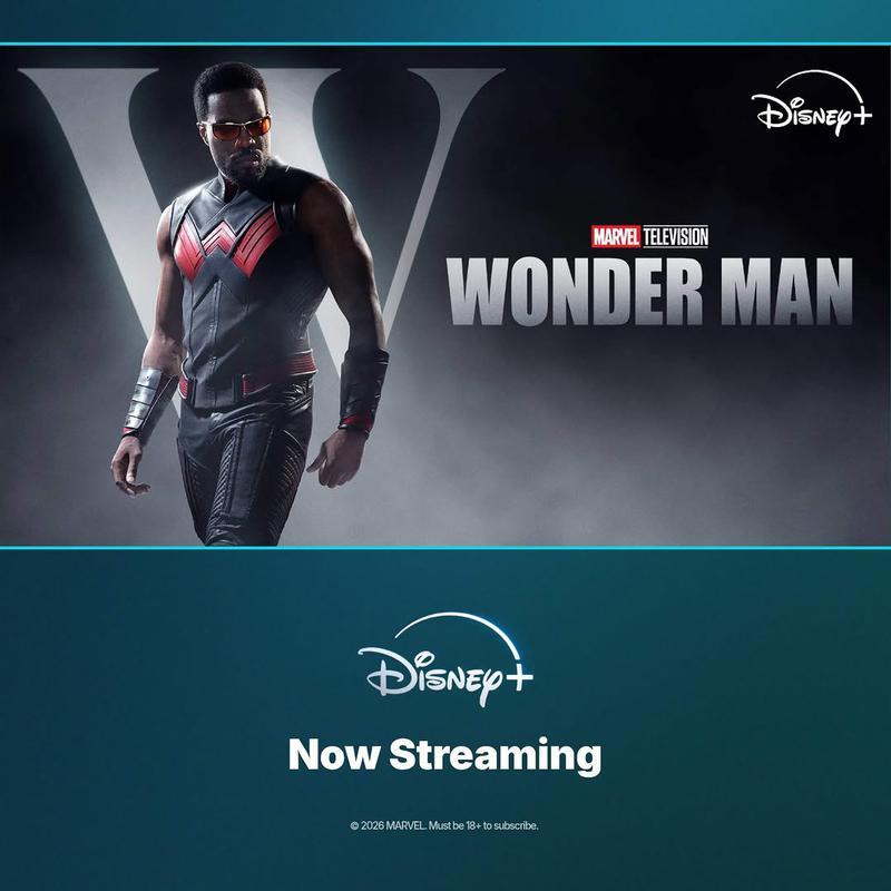 A new Wonder Man promotional image for Disney+, featuring Simon Williams in his costume, and the new gray logo featuring heavy block lettering.