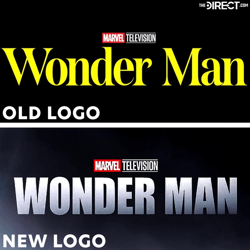 The original Wonder Man logo, featuring a yellow Didone-style serif font, above the new, heavier silver lettering using the Impact font.