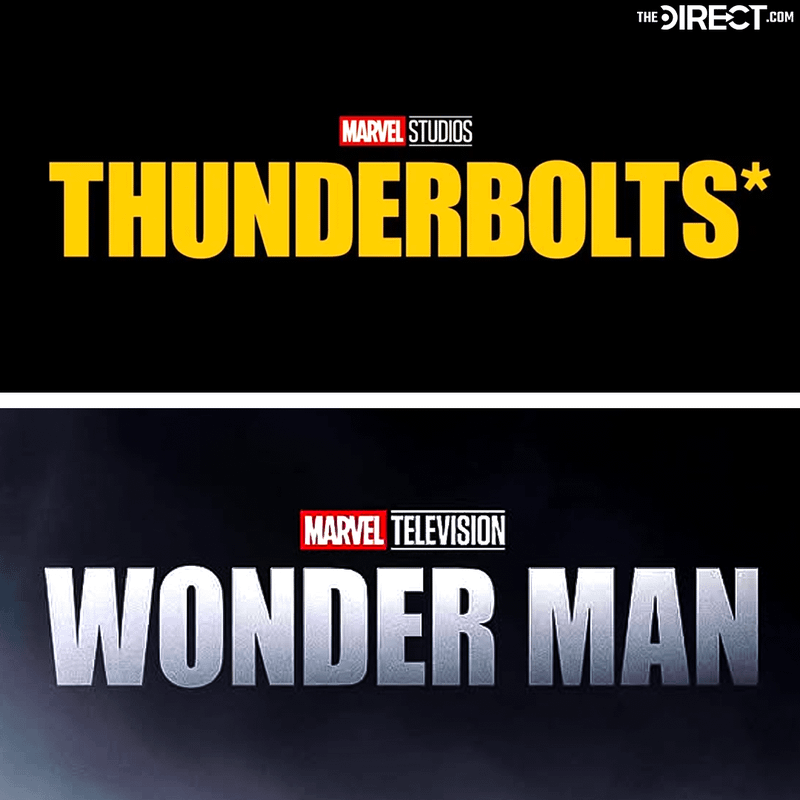 A version of the Thunderbolts logo used the Impact font with yellow lettering, compared to the new Wonder Man logo using the same font with gray lettering.
