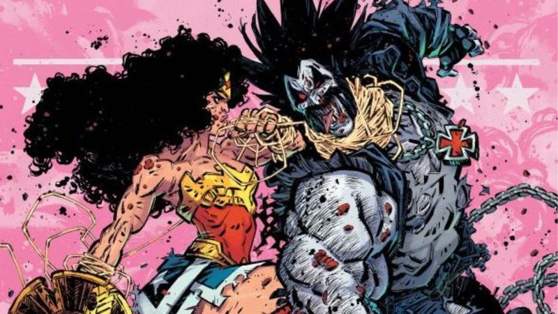 Lobo and Wonder Woman fighting in DC Comics.