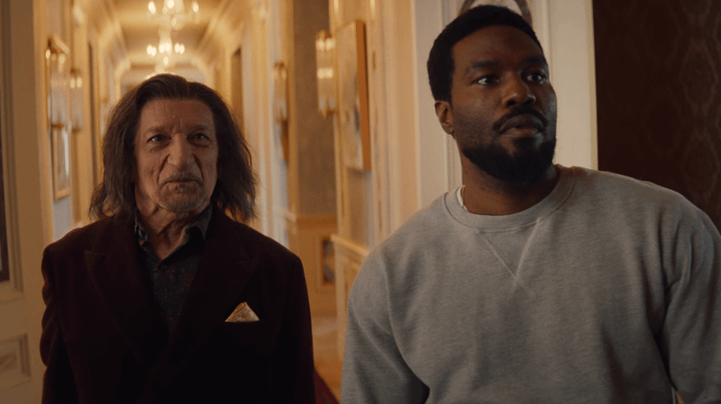Sir Ben Kingsley as Trevor Slattery and Yahya Abdul-Mateen II as Simon Williams in Wonder Man