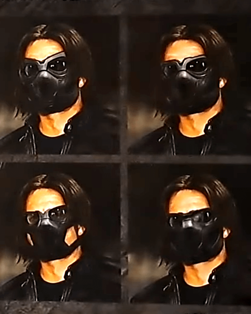 Four shots of Sebastian Stan as Winter Soldier in a black mask in Thunderbolts*