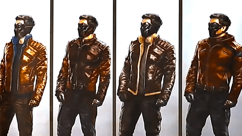Four different concept pieces of Sebastian Stan as Bucky Barns in various shades of brown leather jackets in Thunderbolts*