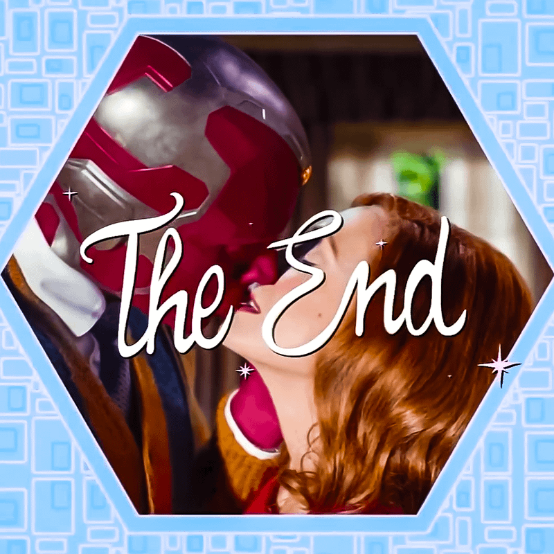 Vision and Wanda Maximoff share a kiss in a blue hexagonal frame with the words 