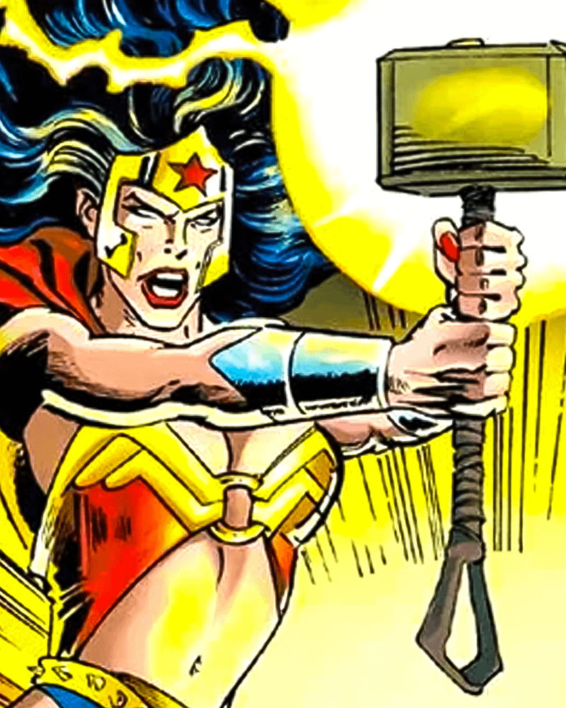 Wonder Woman wielding Mjolnir.