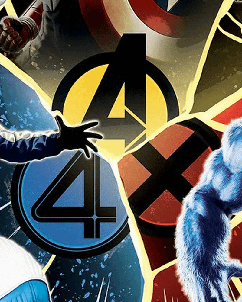 The Avengers, Fantastic Four, and X-Men logos for Avengers: Doomsday.