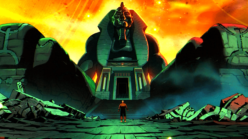 Charles Xavier wanders a ruined desert toward a colossal sphinx.