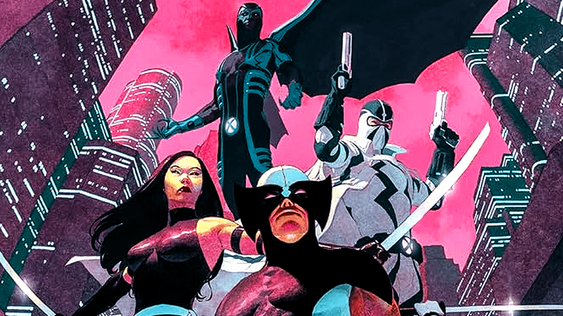 X-Force Team in Marvel Comics against pink background.
