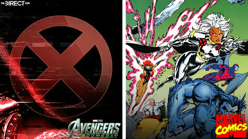 The red X-Men logo and Jean Grey, Storm, Beast, and Archangel in Marvel Comics